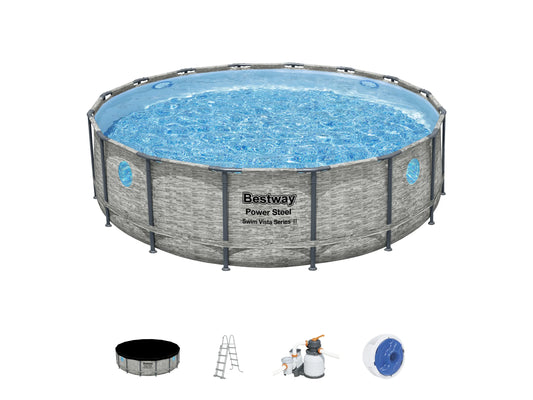 Bestway Stahlrahmenpool Set Power Steel Swim Vista Ø 488 cm x 122 cm Rund Grau