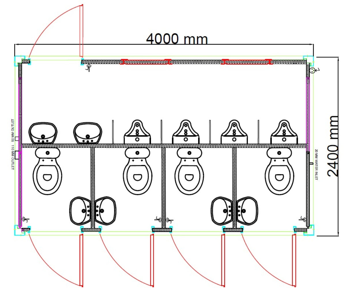 Sanitärcontainer 4x2 m RAL7016 – 4 WC-Kabinen & 4 Pissoirs