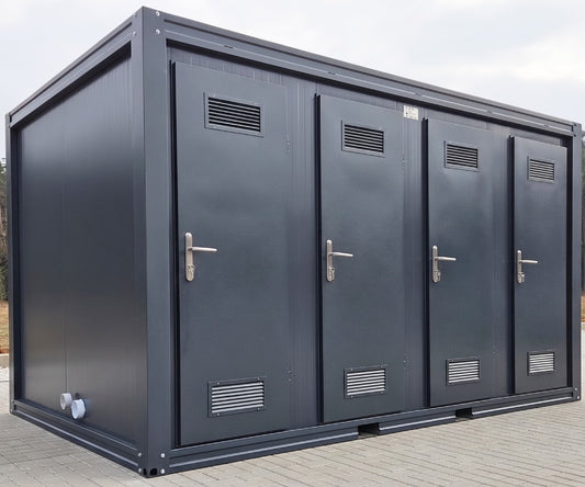Sanitärcontainer 4x2 m RAL7016 – 4 WC-Kabinen & 4 Pissoirs