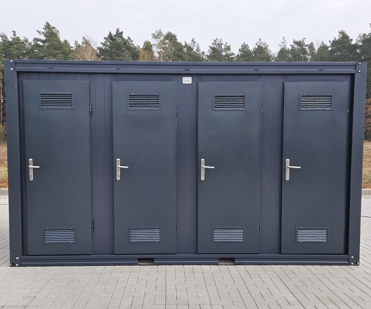 Sanitärcontainer 4x2 m RAL7016 – 4 WC-Kabinen & 4 Pissoirs
