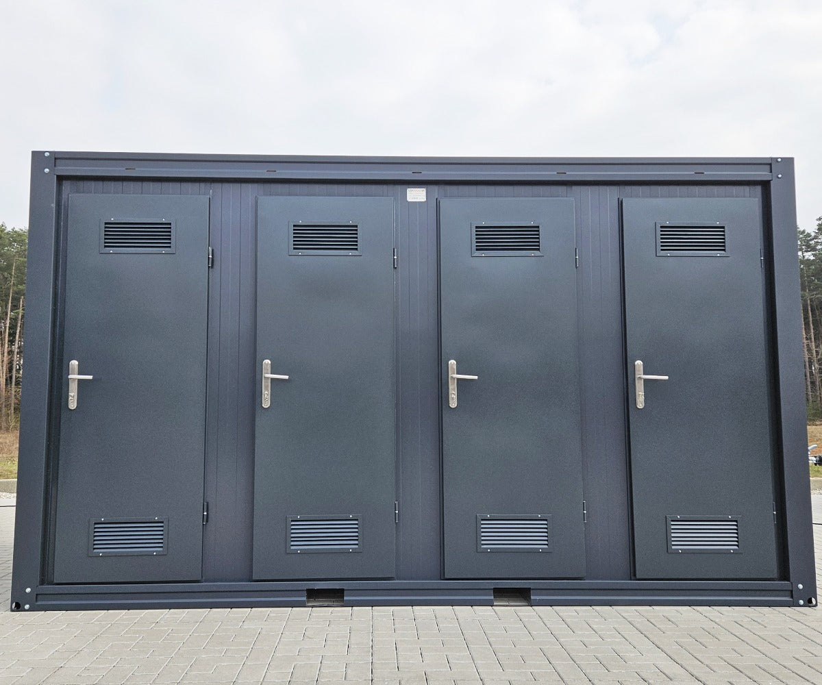 Sanitärcontainer 4x2 m RAL7016 – 4 WC-Kabinen & 4 Pissoirs