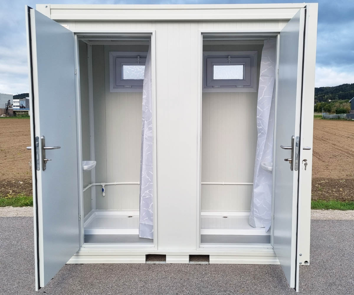 Duschcontainer - Sanitärcontainer als Doppelkabine mit zwei Duschen - RAL9002 weiß
