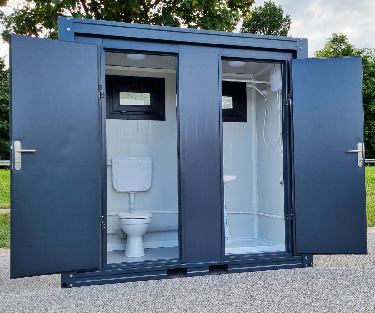 Sanitärcontainer mit Dusche WC und Pissoir – RAL 7016 Anthrazitgrau